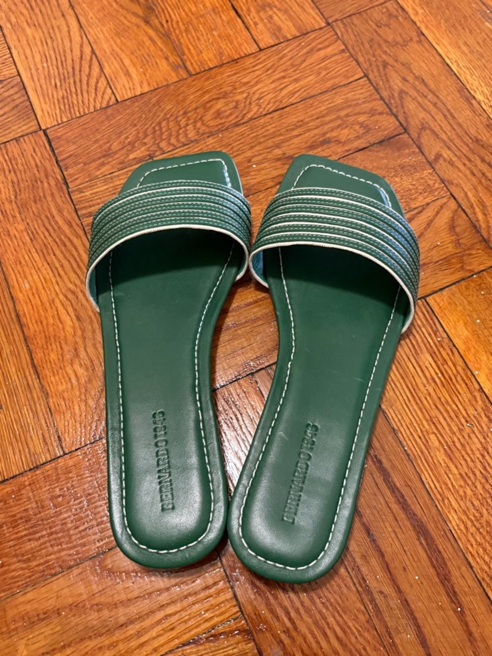 Bernardo Forest Green Slide Mules with Contrast Stitching